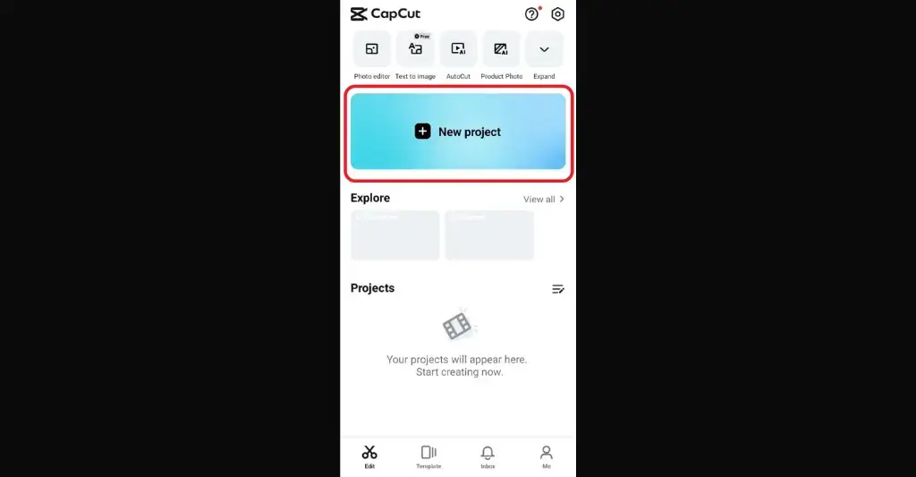Click on the new project button to crop a video in CapCut